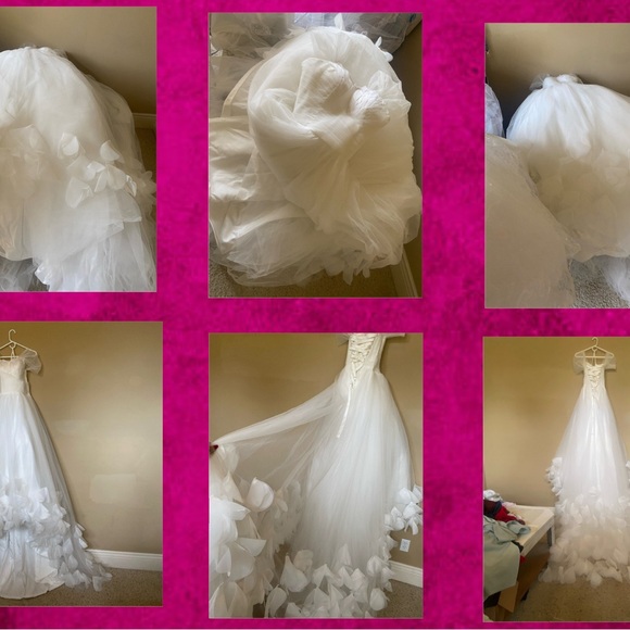 Handmade Wedding Dress Tulle Floral butterfly Appliqués, Feather Bust Long Train - Picture 7 of 17